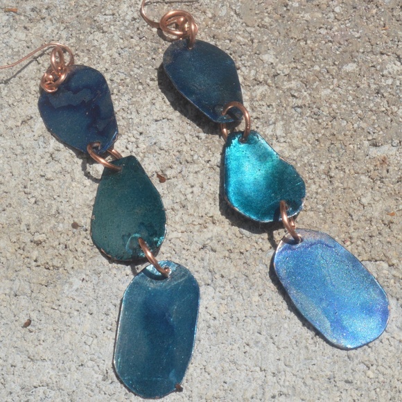 Long Blue Dangle Solid Copper Earrings Handmade - Picture 4 of 7